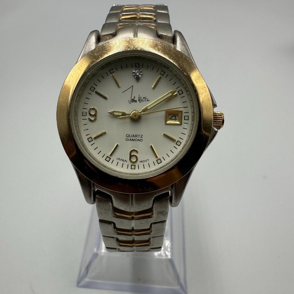 John Weitz Watch Women Silver Gold Two Tone Date Window New Battery 7 Inch
